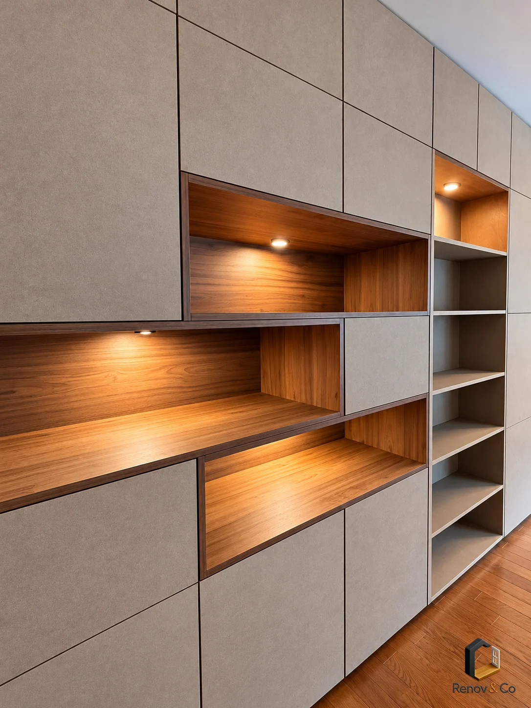 Niches en bois et façades de rangement — Aménagement sur mesure à Puteaux