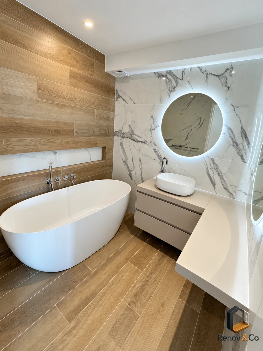 Salle de bains avec baignoire îlot et vasque — appartement au Pecq