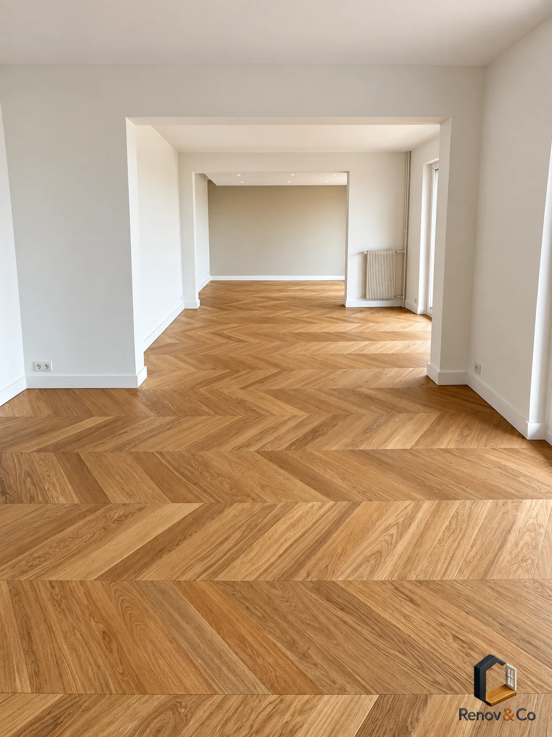 Pièces de vie ouvertes et parquet en point de Hongrie — appartement au Pecq