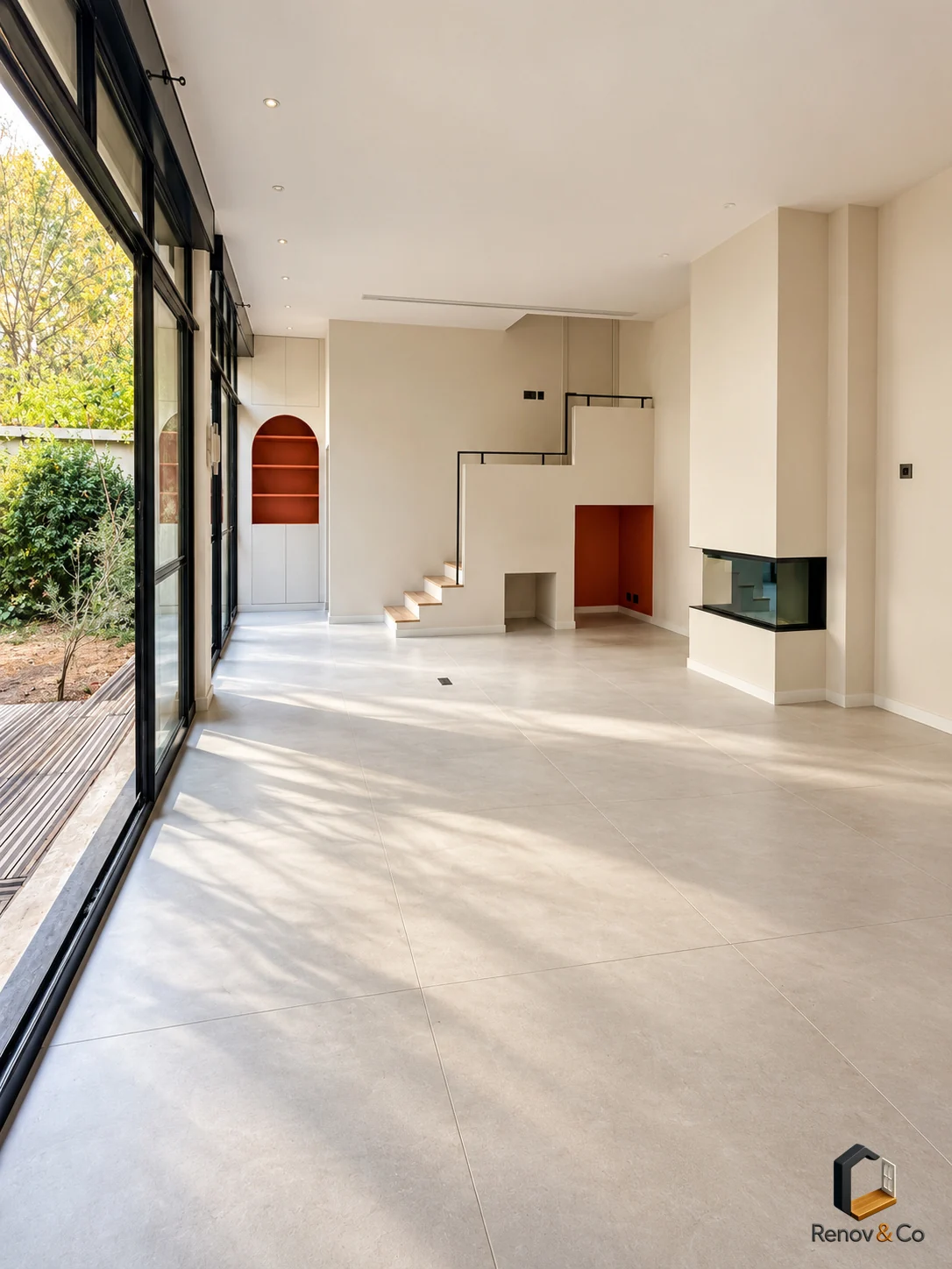 Séjour ouvert sur le jardin avec escalier et cheminée — appartement à La Garenne-Colombes
