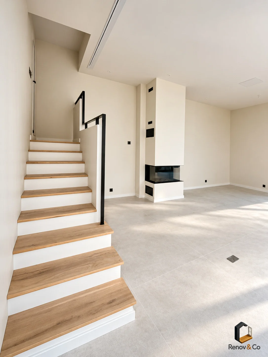 Escalier en bois et pièce de vie lumineuse — appartement à La Garenne-Colombes