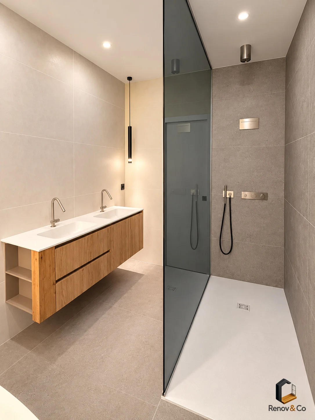 Salle de bains avec douche et double vasque — appartement à La Garenne-Colombes