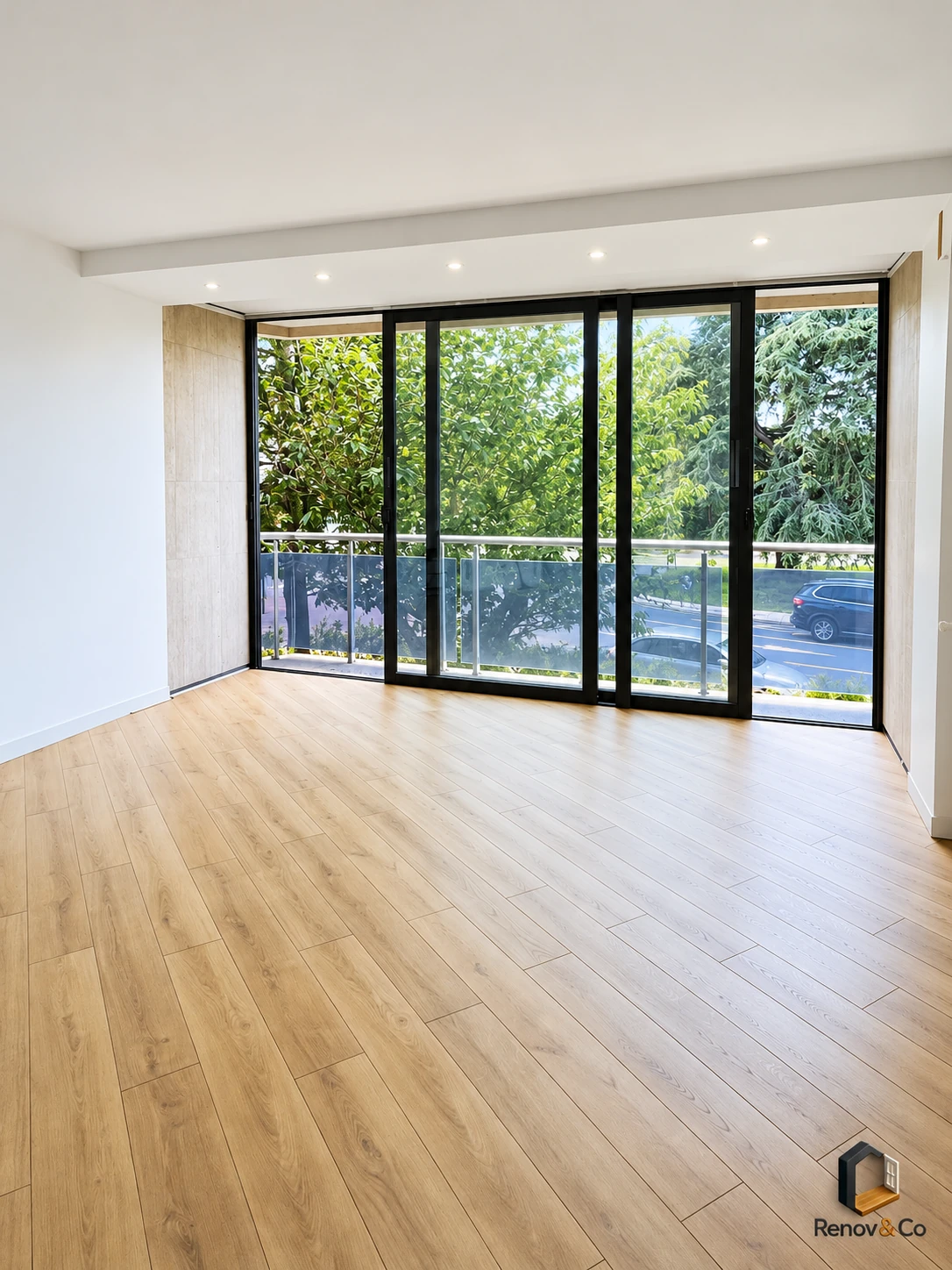 Pièce rénovée par RENOV & CO avec parquet et éclairage intégré