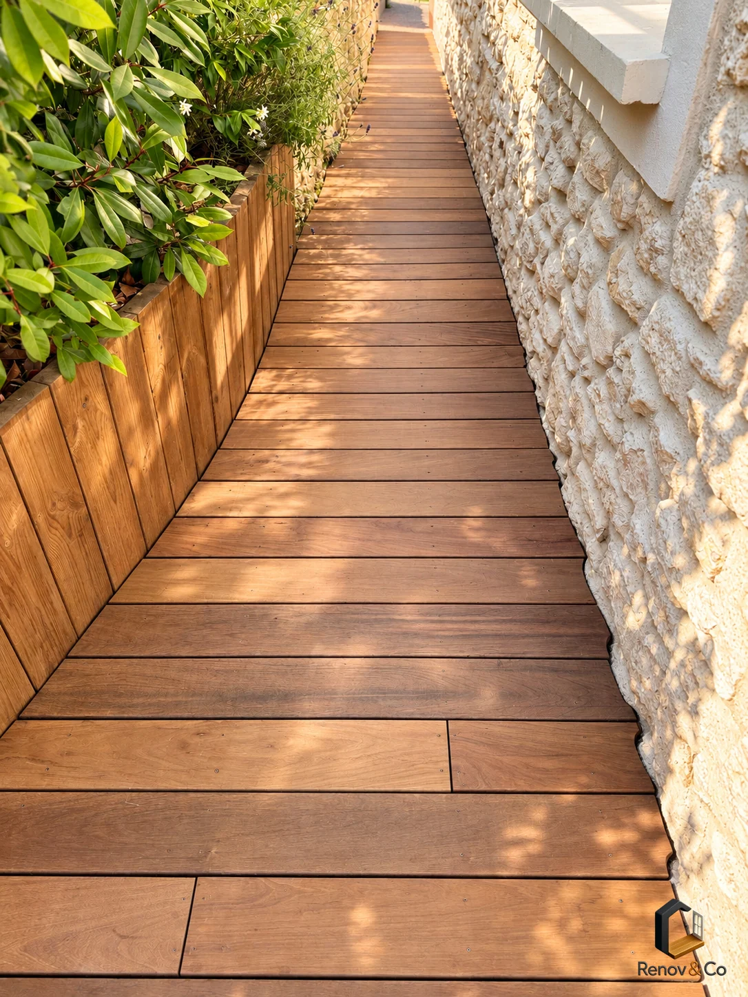 Passage en ipé le long du mur en pierre — terrasse à Chavenay