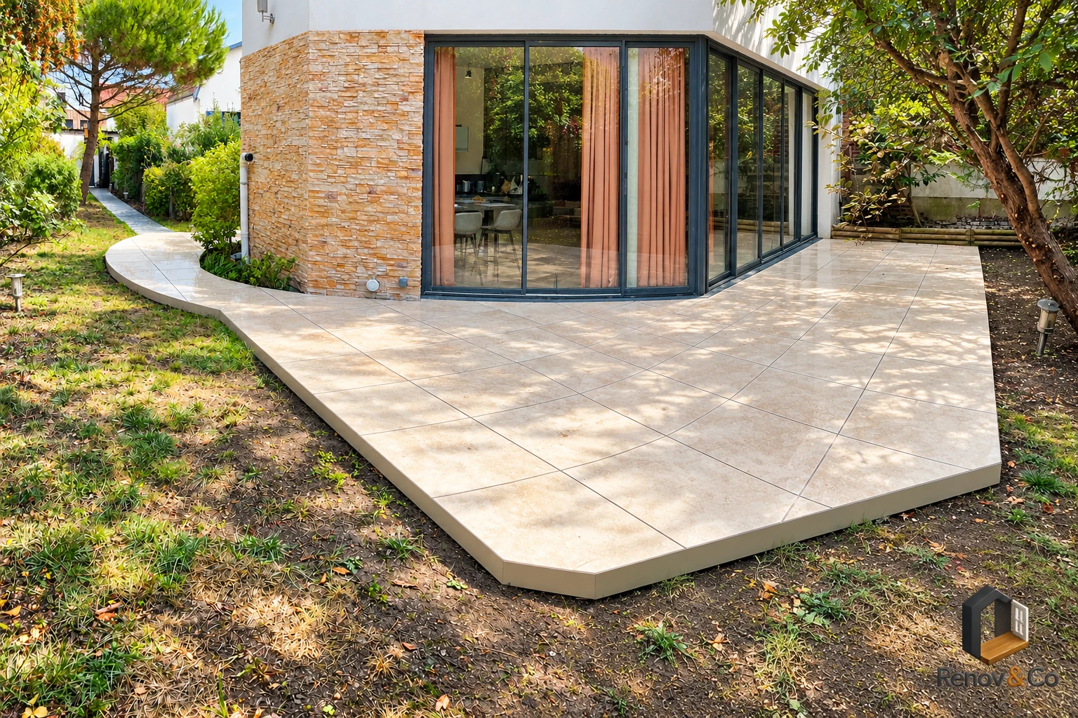 Vue d’ensemble grand angle reconstituée de la terrasse et des baies vitrées — Meudon